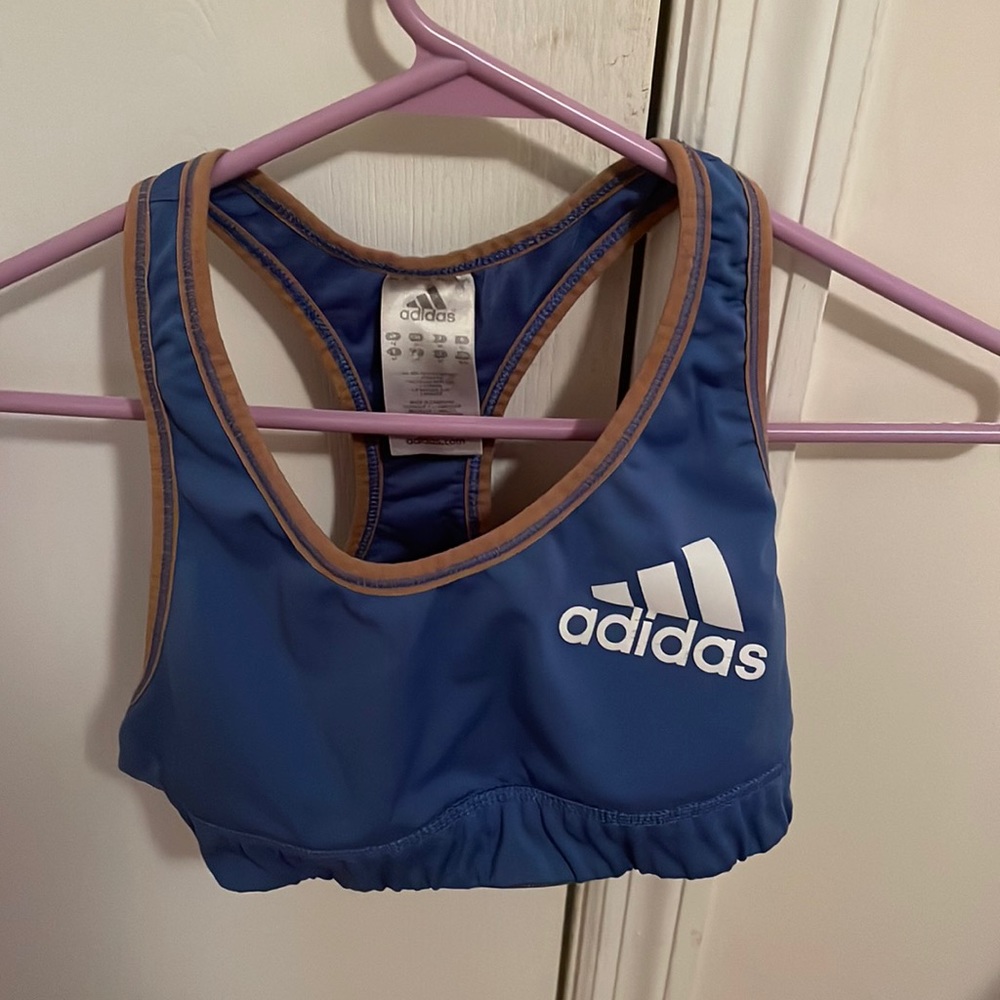 Adidas, woman’s small, blue with a brown outline